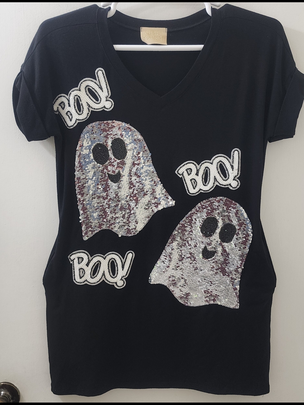 Judith March Black Sequin Ghost Tee with Silver Accents